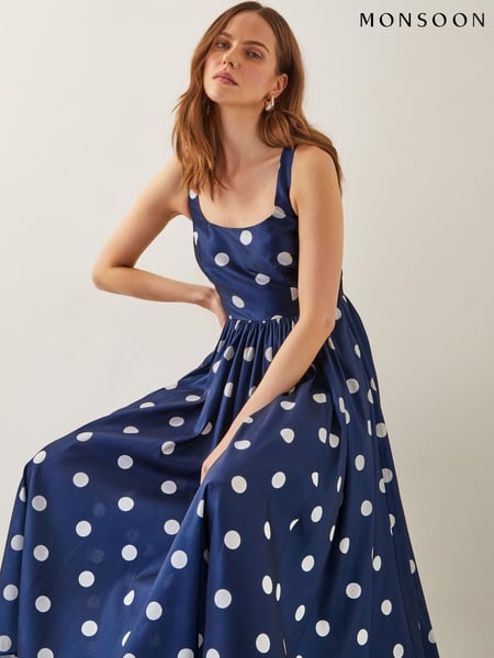 Monsoon Blue Sicily Polka Dot Fit & Flare Midi Dress (H14463) | € 218