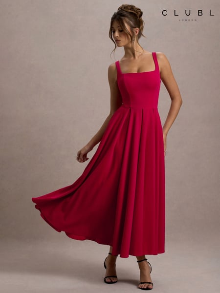 Club L London Red Parina Strappy Volume Hem Midi Dress (H14883) | € 148