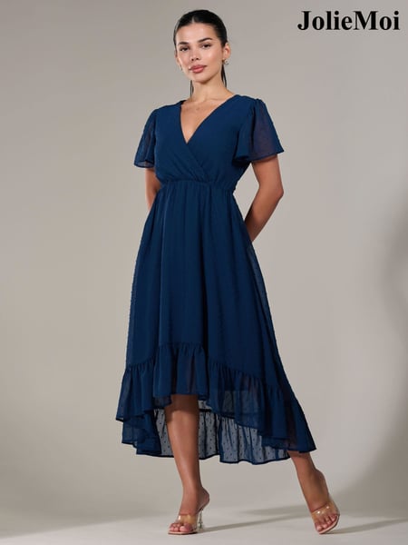 Jolie Moi Dark Navy Petite Petite Long Sleeve Soft Silky Jersey Midi Dress (H15264) | € 112