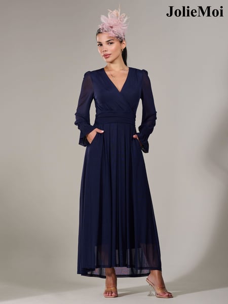Jolie Moi Navy Petite Petite Long Sleeve Soft Silky Jersey Midi Dress (H15269) | € 139