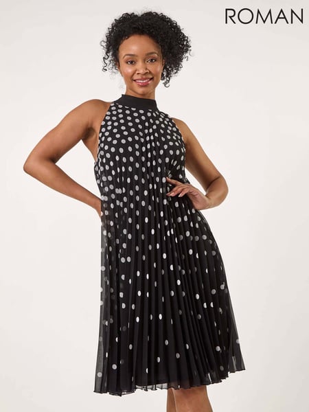 Roman Black Petite Spot Print Halter Pleat Dress (H18705) | € 109