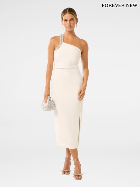 Forever New White Irene Petite Embellished Asymmetrical Bodycon Dress (H19583) | € 172