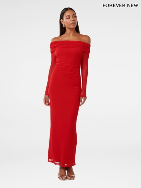 Forever New Red Minnie Mesh Bardot Midi Dress (H19604) | € 172