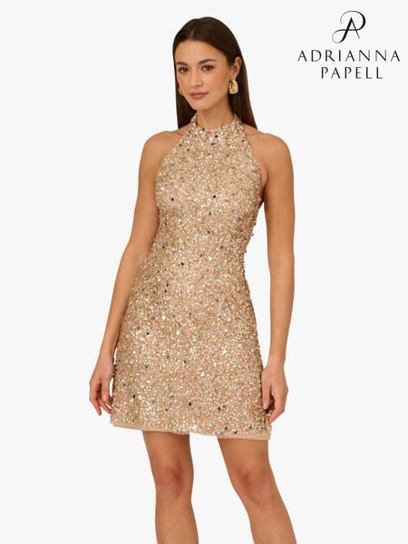 Adrianna Papell Pink Beaded Halter Short Dress (H21558) | € 435