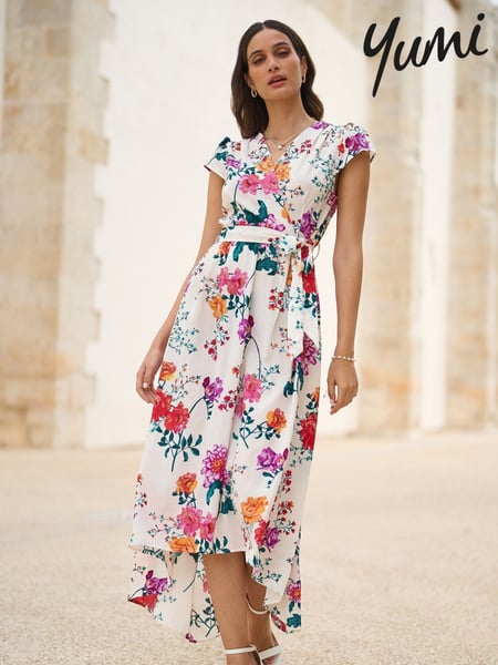 Yumi Cream Flower  Print Wrap Midi Dress (H22205) | € 94