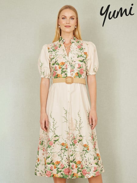 Yumi Cream Printed Midi Floral Print Placement 100% Cotton Shirt Dress (H22214) | € 125