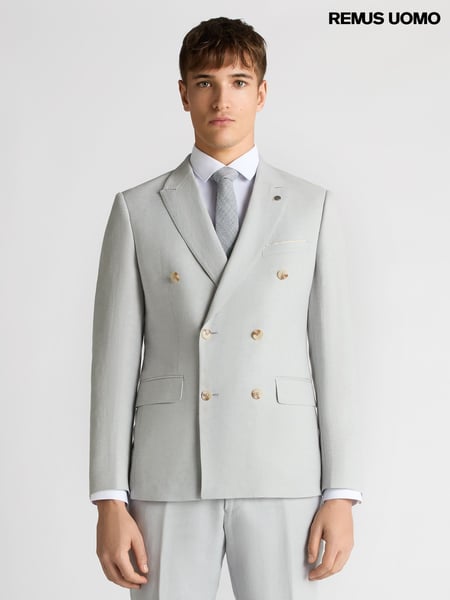 Remus Uomo Grey Double Breasted Slim Fit Double-Breasted Linen-Blend Suit Jacket (H22251) | € 295