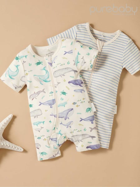 Purebaby Blue Turtle Print Short Sleeve 100% Cotton Sleepsuits 2 Pack (H22652) | € 47