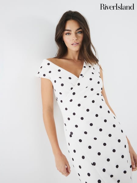 River Island Cream Polka Dot Asymmetric Wrap Midi Dress (H24105) | € 97