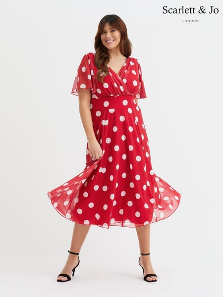 Scarlett & Jo Red White Polka Dot Victoria Angel Sleeve Mesh Midi long Dress (H24131) | € 133