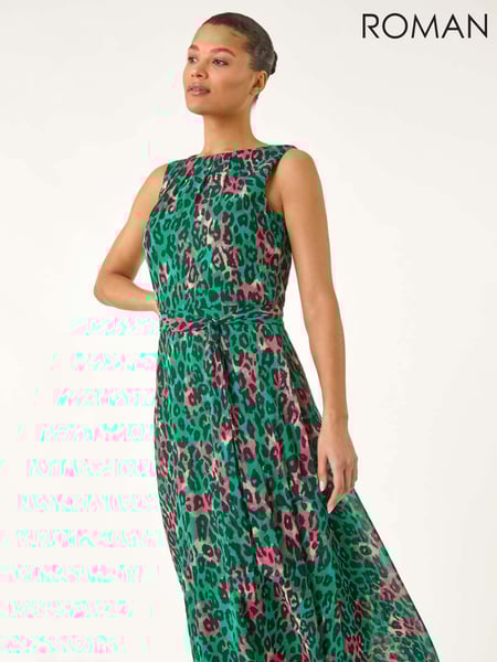 Roman Green Animal Print Pleated Midi Dress (H24571) | € 86