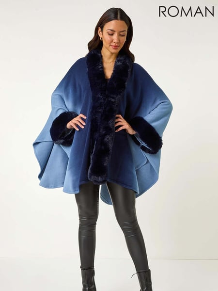 Roman Blue Dip Dye Faux Fur Trim Cardigan Cape (H24575) | € 90