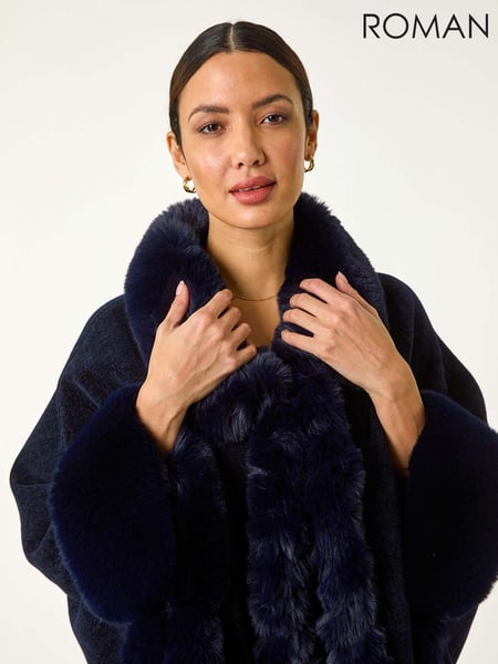 Roman Blue Classic Faux Fur Trim Cardigan Cape (H24600) | € 90