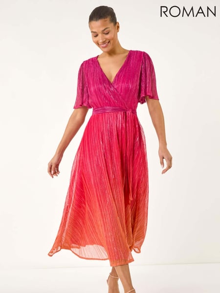 Roman Orange Ombre Plisse Midi Wrap Dress (H24615) | € 122