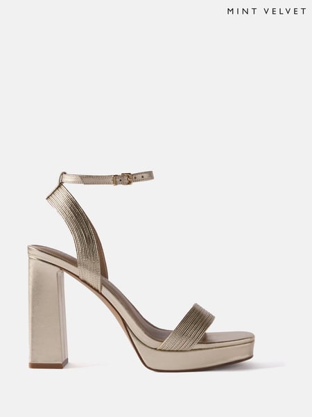 Mint Velvet Gold Leather Platform Strappy Heels (H26396) | € 203