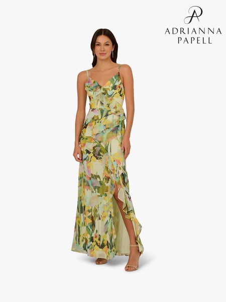 Adrianna Papell Green Printed Strap Cascade Gown (H27276) | € 310