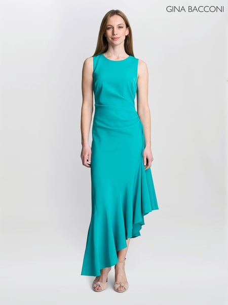 Gina Bacconi Green Paige Asymmetric Frill Hem Dress (H29972) | € 343
