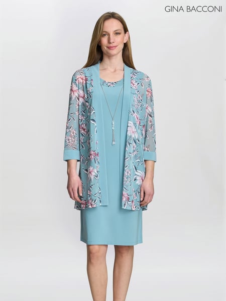Gina Bacconi Blue Callie Printed Dress and Jacket With Detachable Necklace (H29995) | € 374