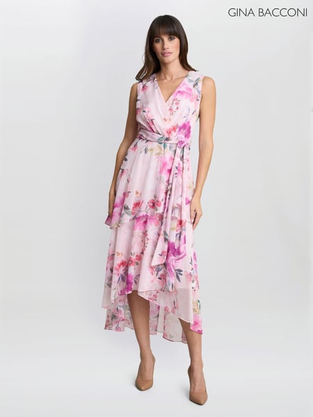 Gina Bacconi Pink Evelynn Floral Print Wrap Effect Hi-low Dress (H29996) | € 406