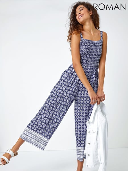 Roman Blue Border Print Culotte Jumpsuit (H30071) | € 70