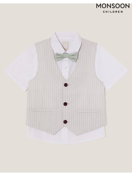 Monsoon Grey 100% Cotton Shirt and Waistcoat Set 3 Piece with Bow (H30144) | € 101 - € 125