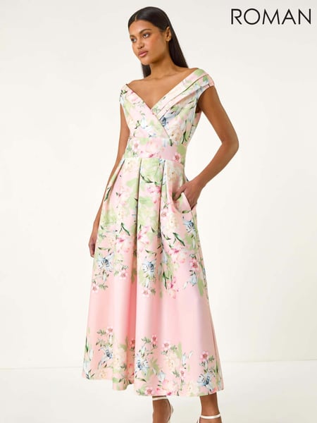 Roman Pink Floral Print Bardot Midi Stretch Dress (H35978) | € 109