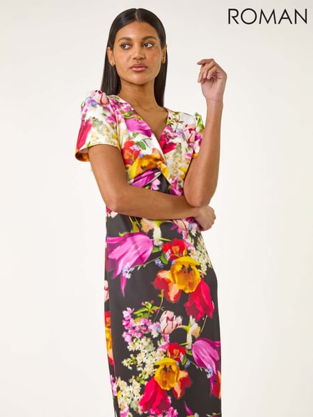 Roman White Floral Print Twist V-Neck Stretch Dress (H35989) | € 106