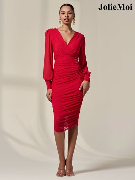Jolie Moi Red Long Sleeve Ruched Mesh Midi Dress (H39058) | € 117
