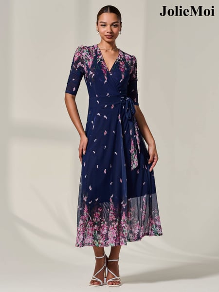 Jolie Moi Blue Half Sleeve Floral Wrap Dress (H39107) | € 94