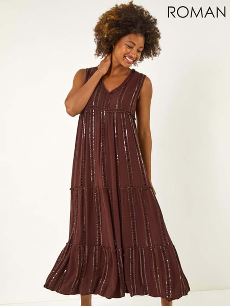 Roman Brown Sequin Tiered Maxi Dress (H46076) | € 94