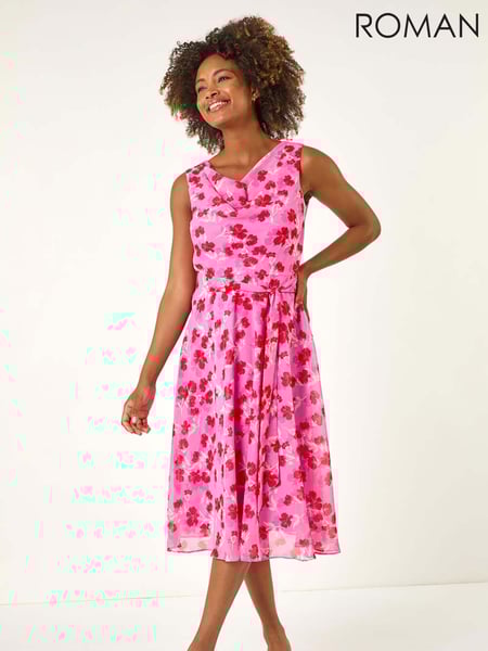 Roman Pink Floral Print Chiffon Cowl Neck Dress (H46082) | € 86
