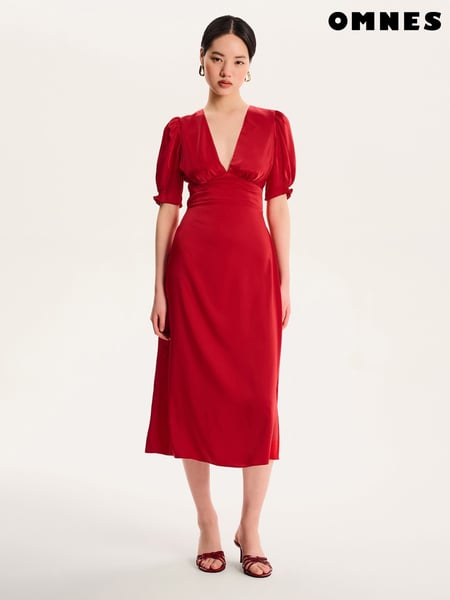 Omnes Red Odette Puff Sleeve Midi V-Neck Dress (H47176) | € 148