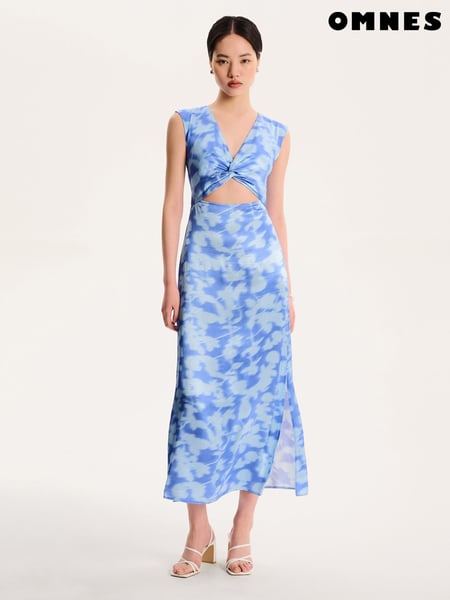 Omnes Blue Marin V-Neck Front Twist Satin Midi Dress (H47200) | € 148