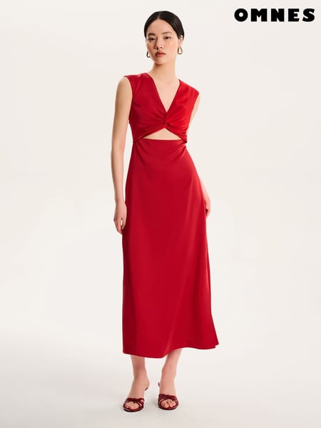 Omnes Red Marin V-Neck Front Twist Satin Midi Dress (H47201) | € 148
