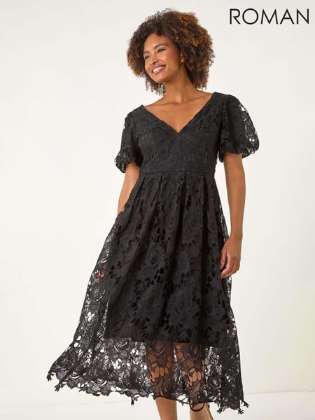 Roman Black Crochet Lace V-Neck Midi Dress (H48505) | € 125