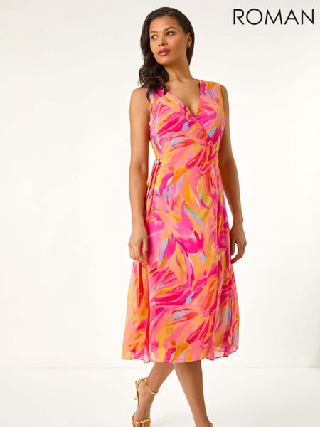 Roman Pink Floral Print Wrap Chiffon Midi Dress (H48522) | € 109