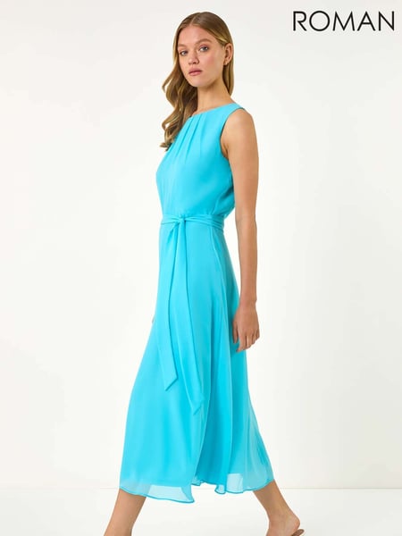 Roman Blue Ground Chiffon Pleat Neck Midi Dress (H48680) | € 78