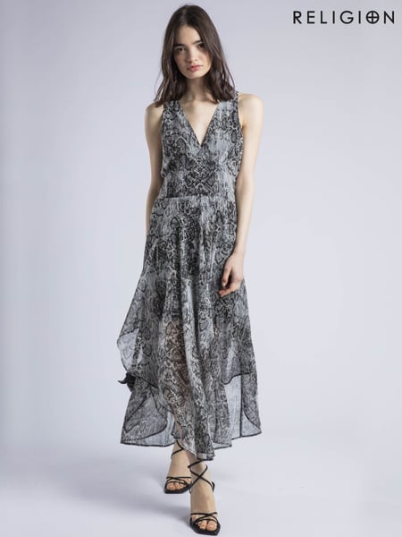 Religion Black Aida Midi Dress In Snake Skin Print With Handkerchief Hem (H51906) | € 172