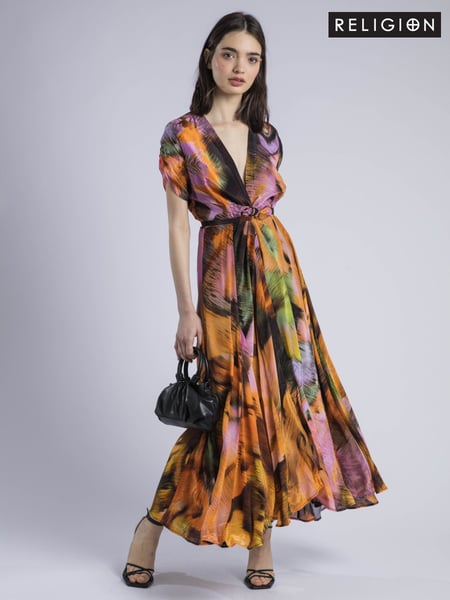 Religion Orange Crest Maxi Wrap Dress In Silky Fabric In Obscure Print (H51911) | € 195