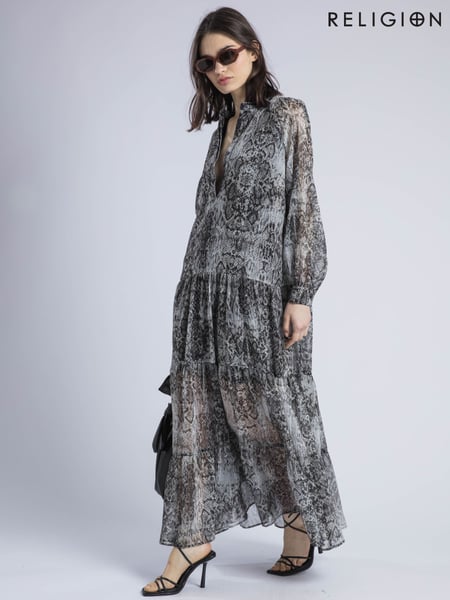 Religion Black Cala Tiered Boho 100% Cotton Maxi Dress In Snake Skin Print (H51918) | € 179