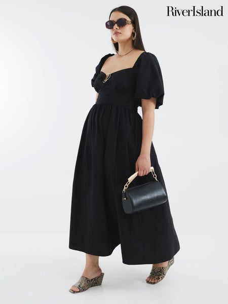 River Island Black Dark Poplin Trim Detail 100% Cotton Midi Dress (H53851) | € 75