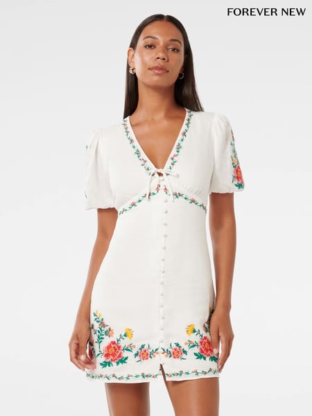 Forever New White Pure Linen Veanne Embroidered Tea Mini Dress (H54197) | € 172