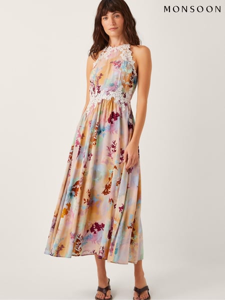 Monsoon Natural Mia Floral Print Embroidered Halter Midi Dress (H58534) | € 250