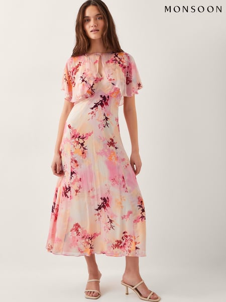 Monsoon Pink Mia Floral Print Cape Midi Dress (H58559) | € 218