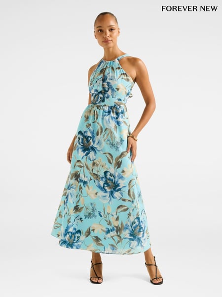 Forever New Blue Dakota Printed Halter Neck Midi Dress Contains Linen (H59139) | € 172