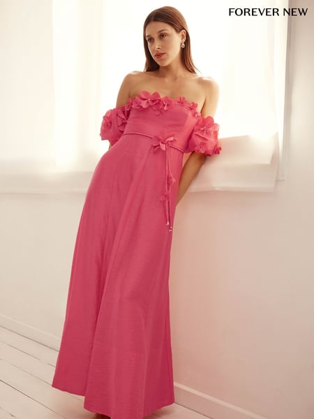 Forever New Pink Cora Floral Print Appliqué Midi Dress Contains Linen (H59146) | € 234