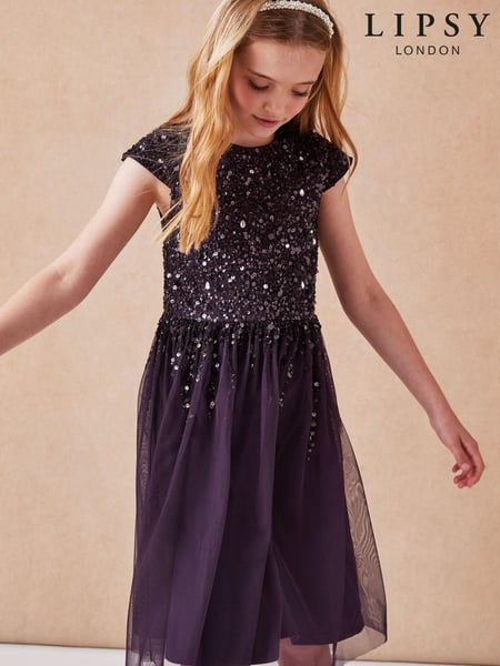 Lipsy Purple Sequin Bodice Midi Occasion Dress (K01329) | € 14 - € 16