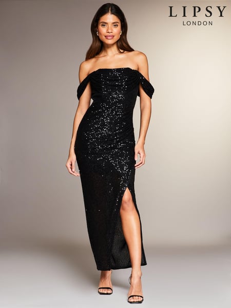 Lipsy Black Sequin Bardot Split Drape Maxi Dress (K02026) | € 30