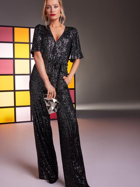 Love & Roses Black & Silver Petite Flutter Sleeve Wrap Sequin Wide Leg Jumpsuit (K07492) | € 26