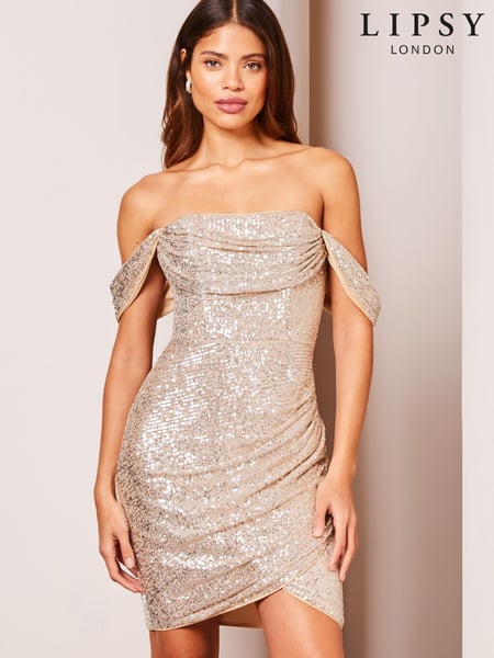Lipsy Champagne Sequin Bardot Split Wrap Mini Dress (K07512) | € 26